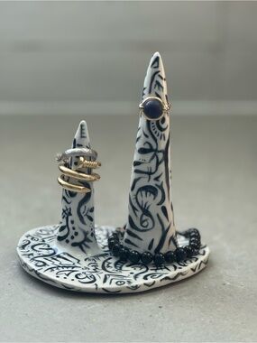 Hand-Painted Black & White Ceramic Ring Holder - Original Piece